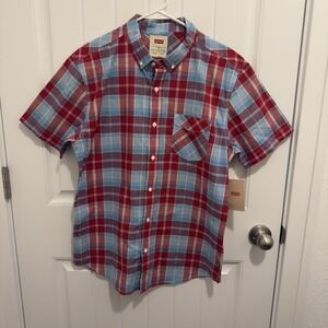 Levi's Men's Red Blue White Plaid Short Sleeve Button Up Shirt Size Medium